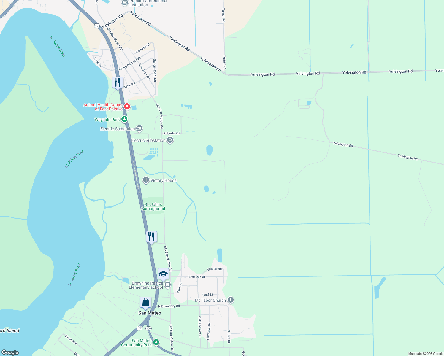 map of restaurants, bars, coffee shops, grocery stores, and more near 171 Ranch Road in East Palatka