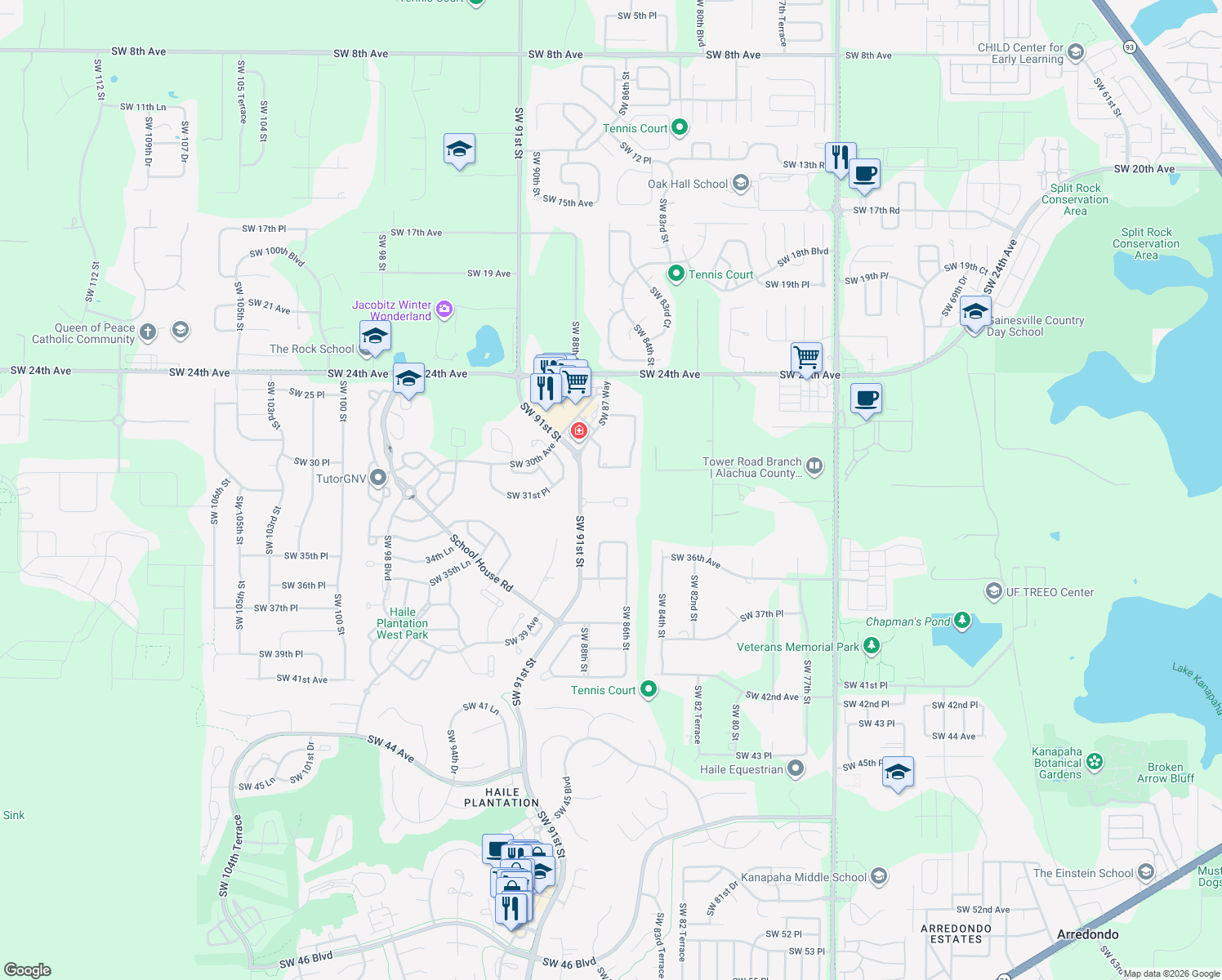 map of restaurants, bars, coffee shops, grocery stores, and more near 8722 Southwest 31 Avenue in Gainesville