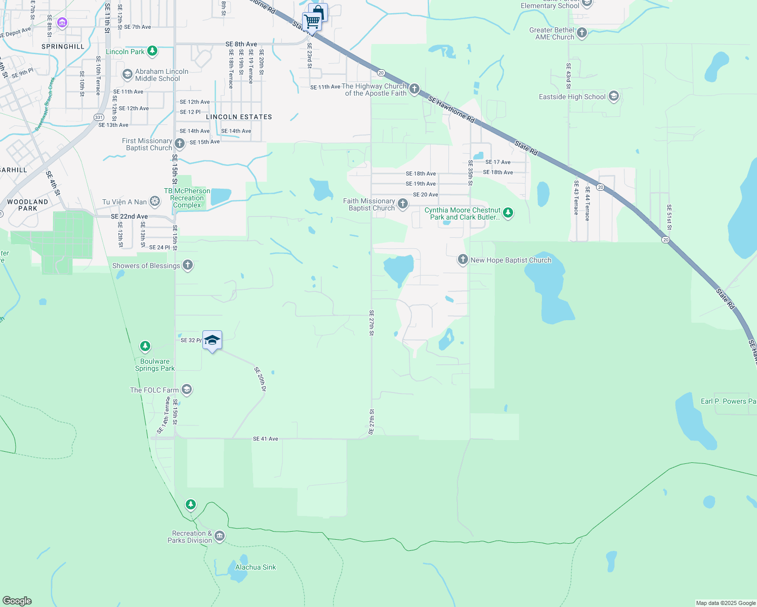 map of restaurants, bars, coffee shops, grocery stores, and more near 2900 Southeast 29th Boulevard in Gainesville