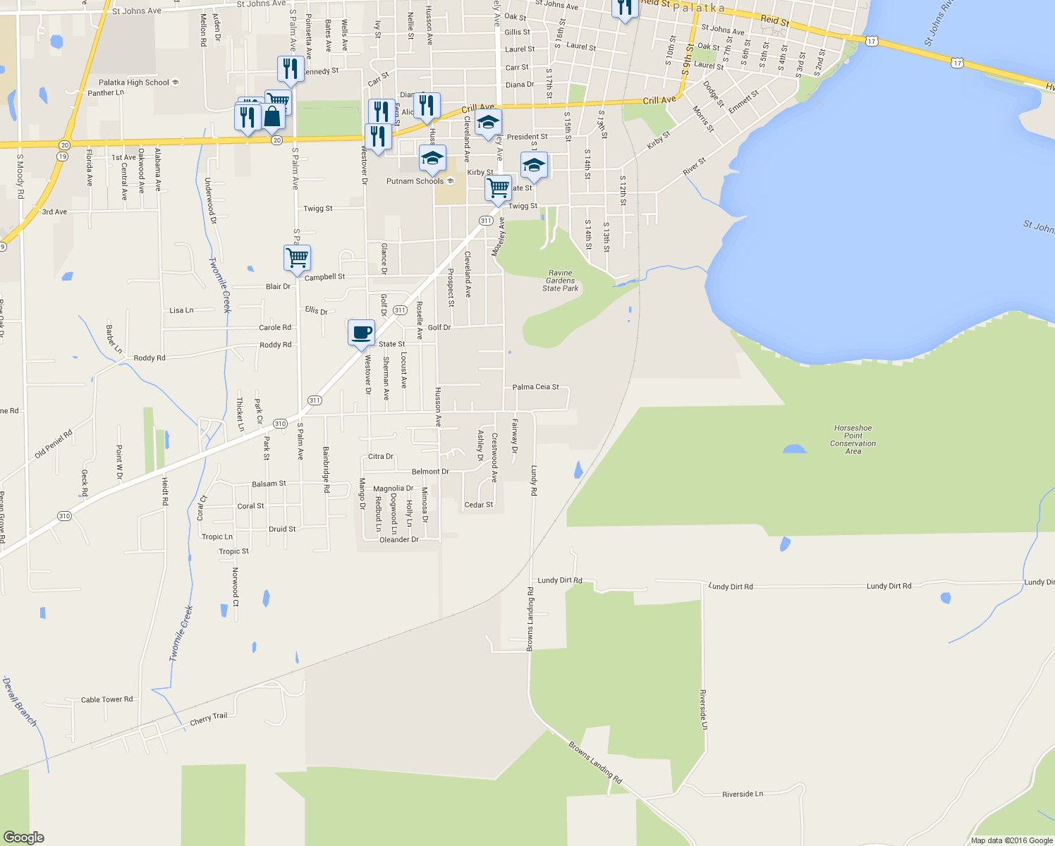 map of restaurants, bars, coffee shops, grocery stores, and more near 2404 Lundy Road in Palatka