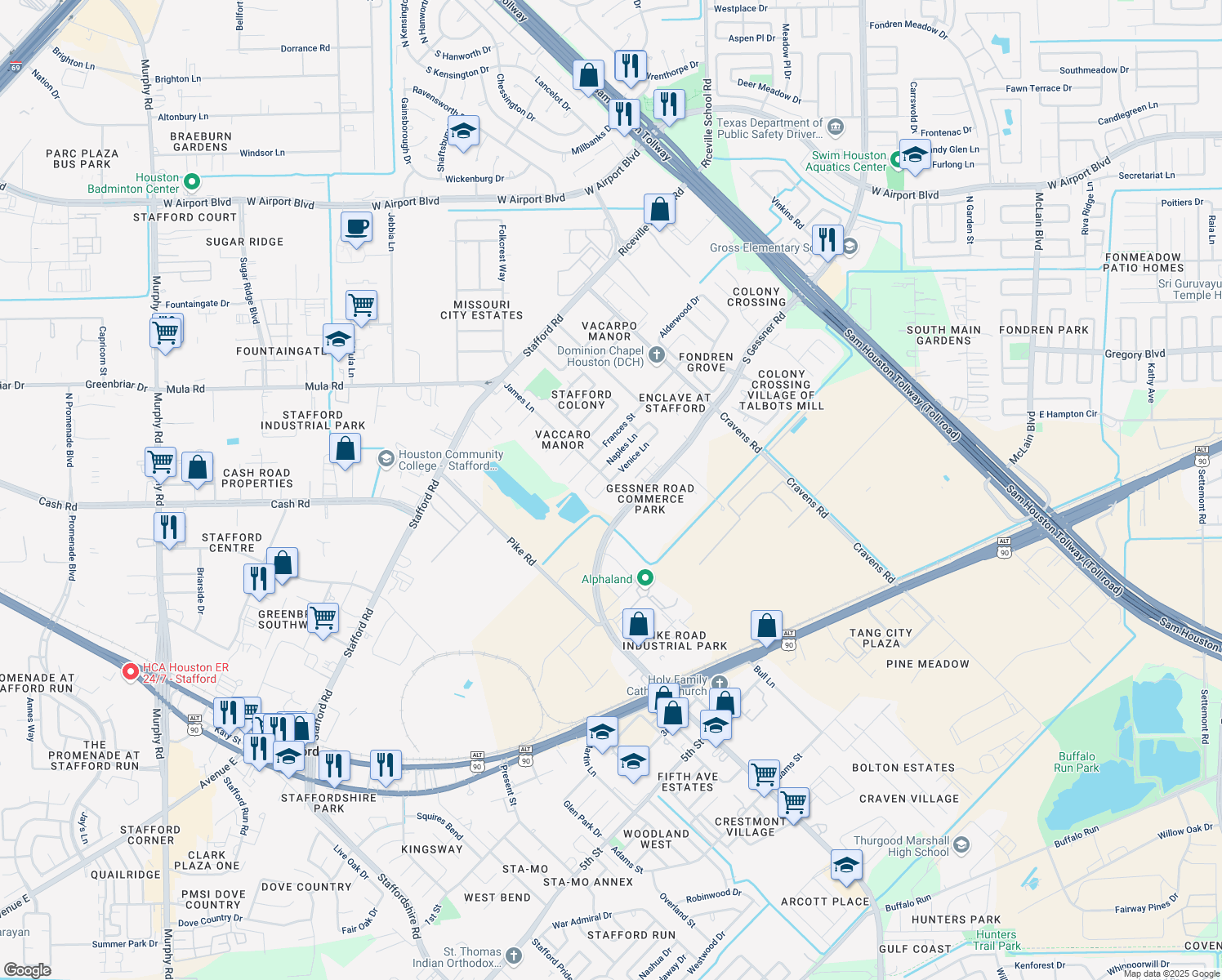 map of restaurants, bars, coffee shops, grocery stores, and more near 13103 Venice Lane in Stafford