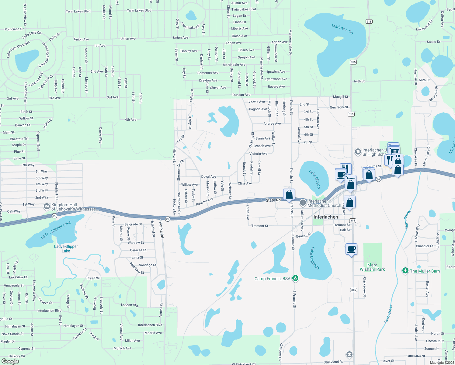 map of restaurants, bars, coffee shops, grocery stores, and more near 119 Webster Street in Interlachen