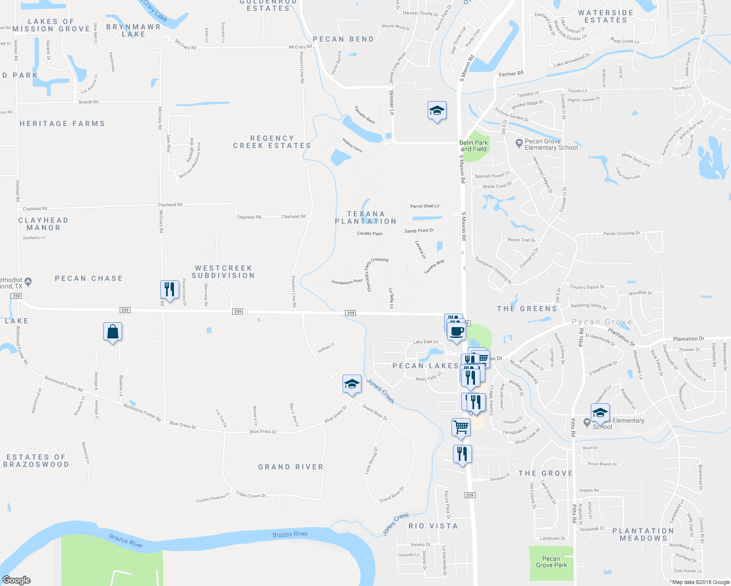 map of restaurants, bars, coffee shops, grocery stores, and more near 2407 Churchill's Ferry Crossing in Richmond
