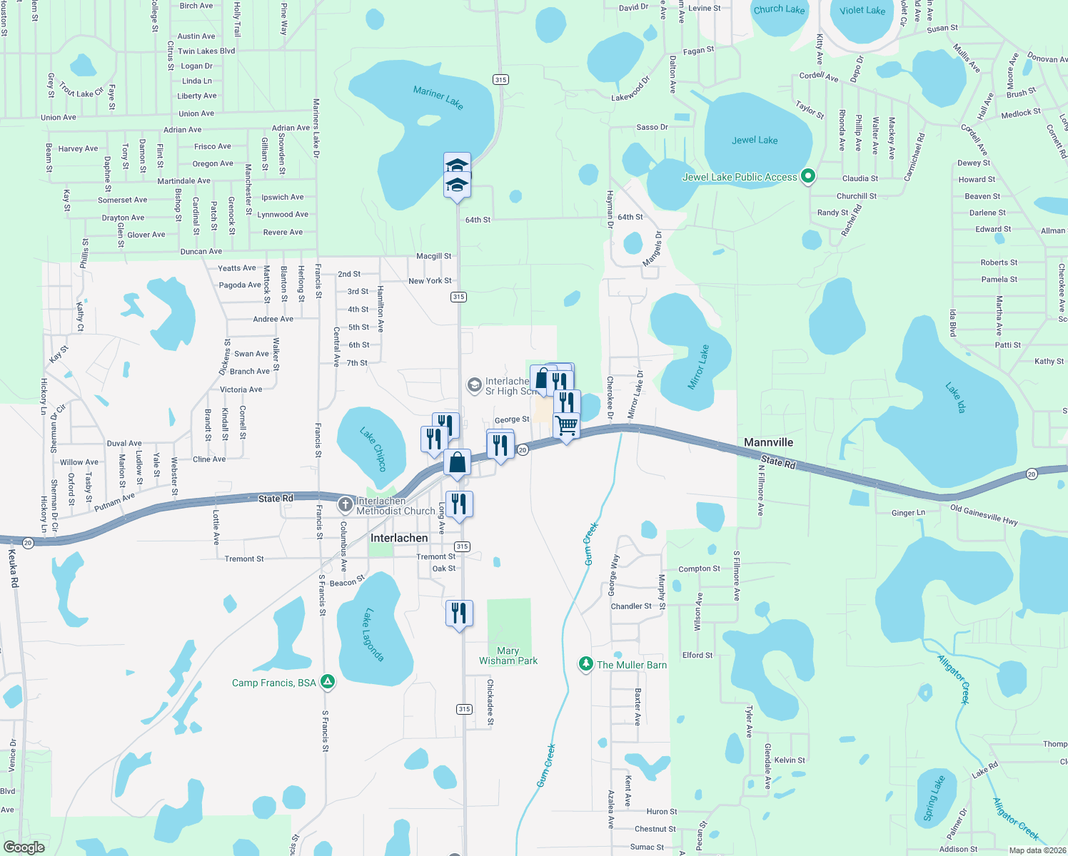 map of restaurants, bars, coffee shops, grocery stores, and more near 1124 Florida 20 in Interlachen