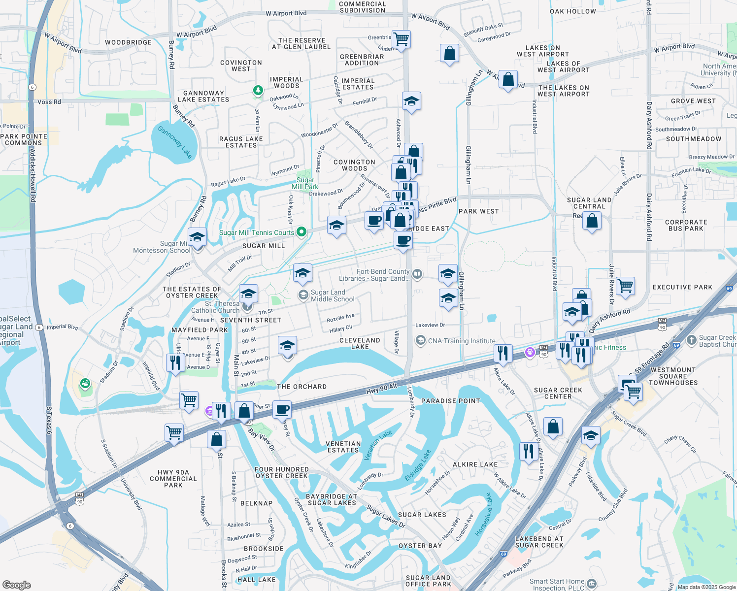 map of restaurants, bars, coffee shops, grocery stores, and more near 714 Rolling Mill Drive in Sugar Land