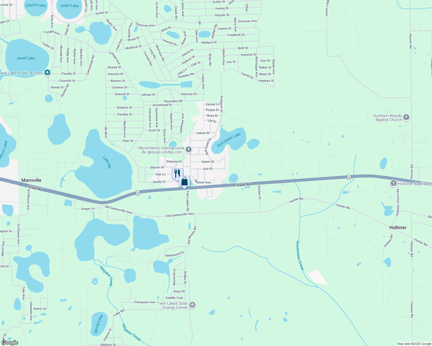 map of restaurants, bars, coffee shops, grocery stores, and more near 103 Ash Lane in Interlachen