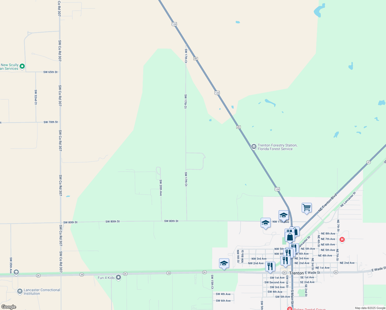 map of restaurants, bars, coffee shops, grocery stores, and more near 7470 Southwest 17th Court in Trenton