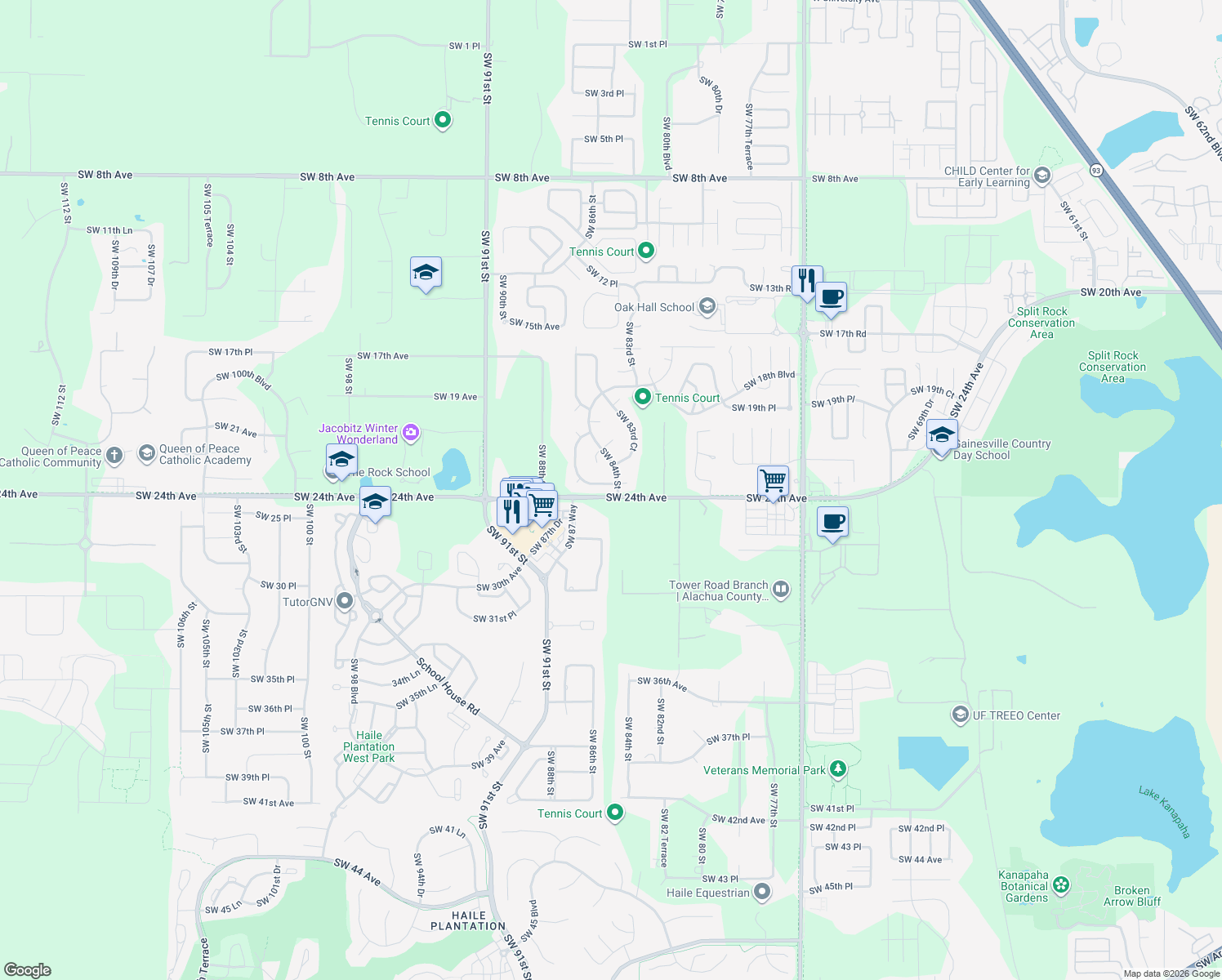 map of restaurants, bars, coffee shops, grocery stores, and more near 8421 Southwest 23rd Place in Gainesville
