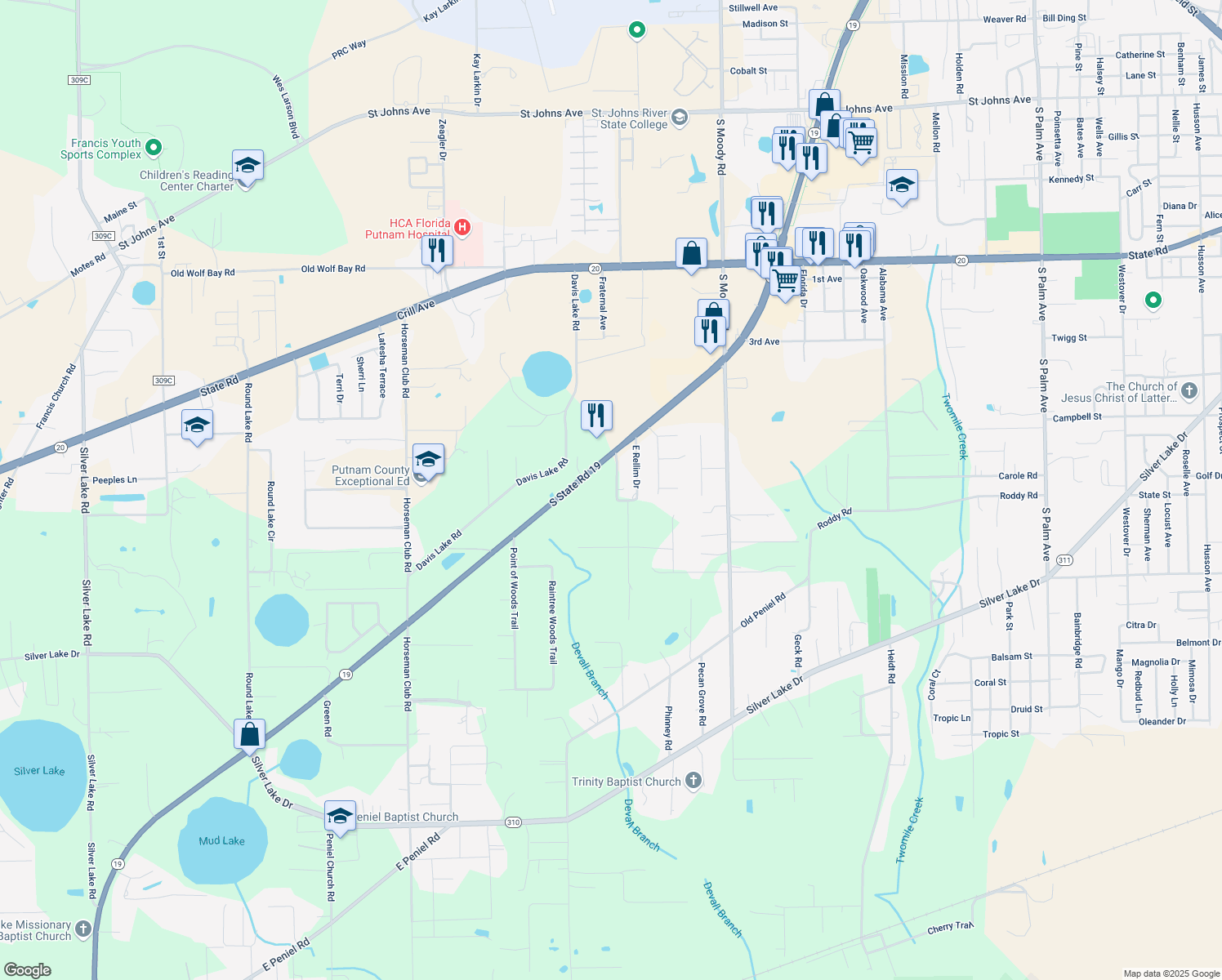 map of restaurants, bars, coffee shops, grocery stores, and more near 126 West Rellim Drive in Palatka