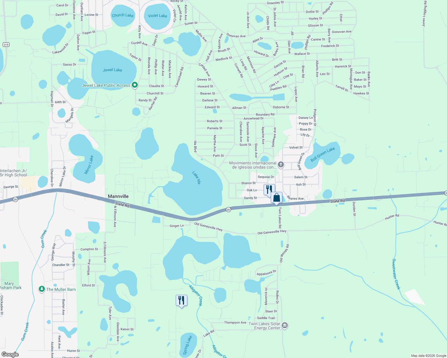 map of restaurants, bars, coffee shops, grocery stores, and more near 123 Ida Boulevard in Interlachen