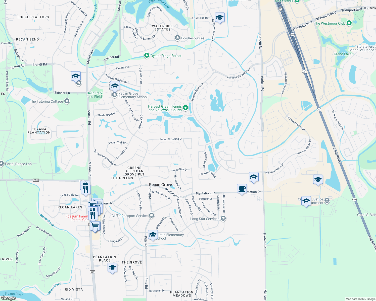 map of restaurants, bars, coffee shops, grocery stores, and more near 2415 Cooling Breeze Drive in Richmond