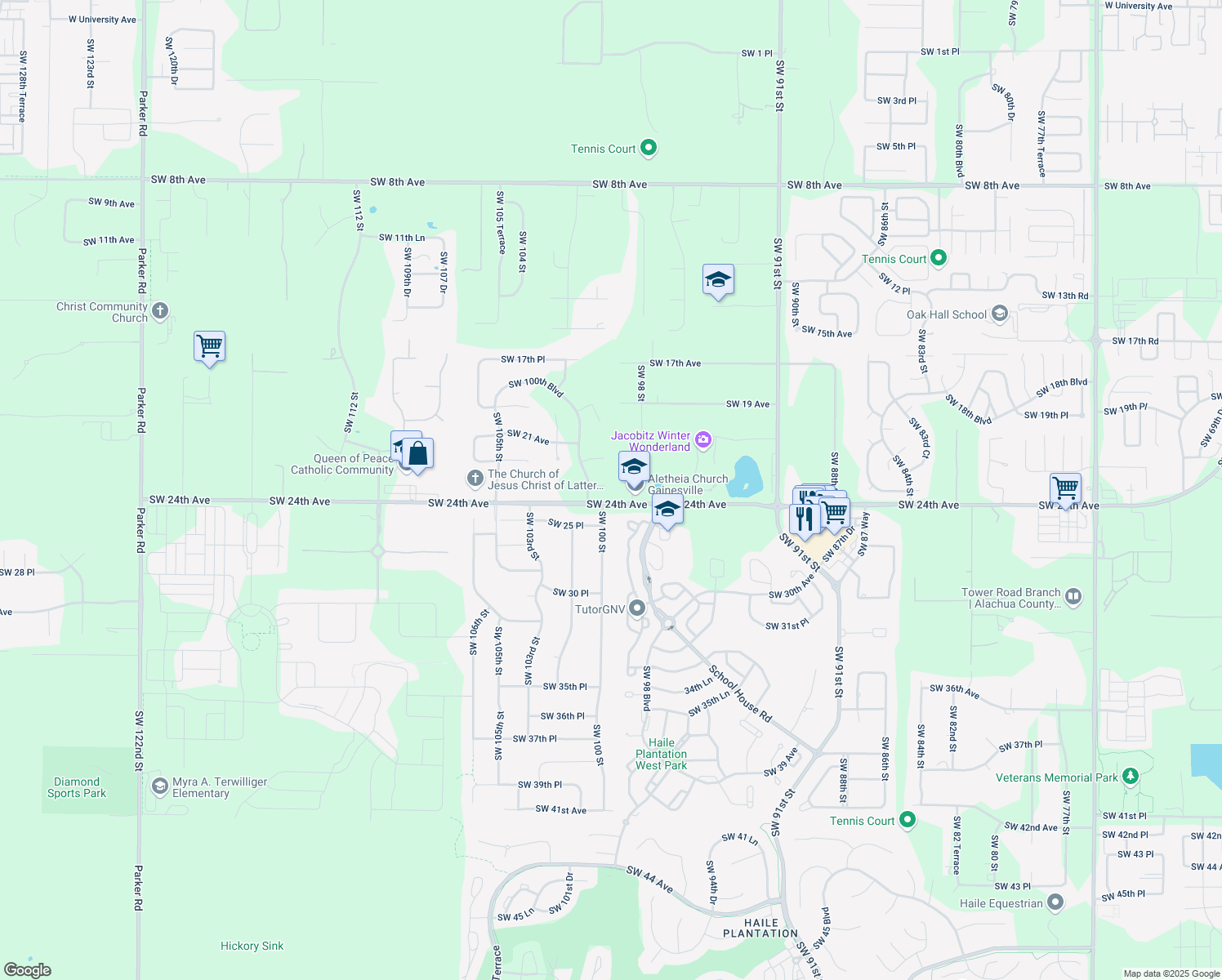 map of restaurants, bars, coffee shops, grocery stores, and more near 9905 Southwest 23 Lane in Gainesville