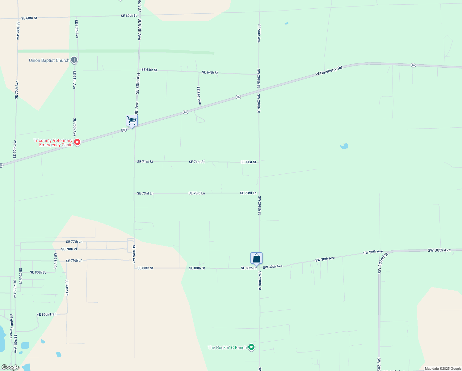 map of restaurants, bars, coffee shops, grocery stores, and more near 8780 Southeast 73rd Lane in Newberry