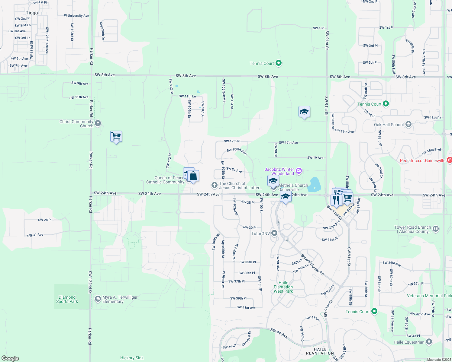 map of restaurants, bars, coffee shops, grocery stores, and more near 10411 Southwest 22 Avenue in Gainesville