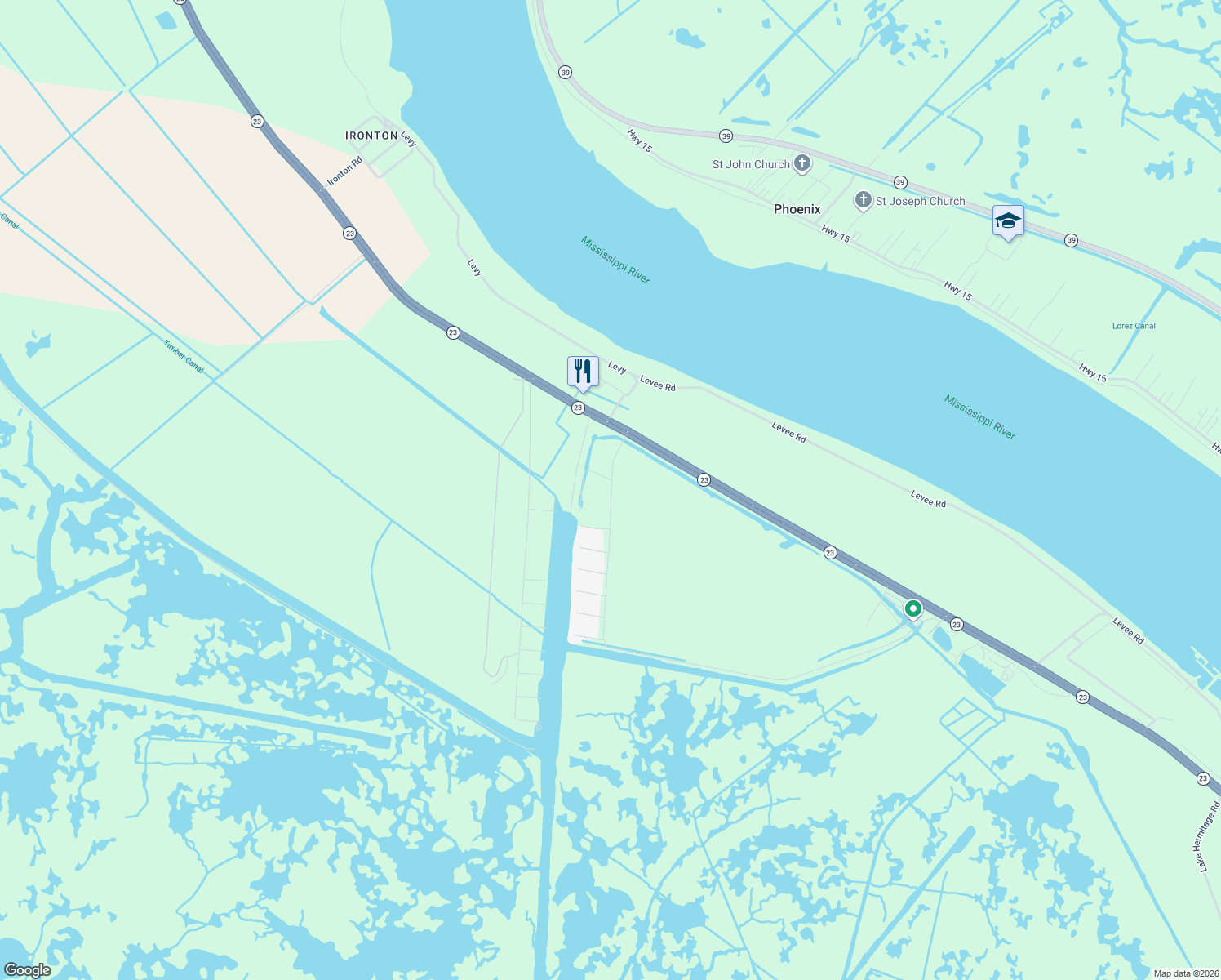 map of restaurants, bars, coffee shops, grocery stores, and more near 312 Myrtle Grove Road in Port Sulphur