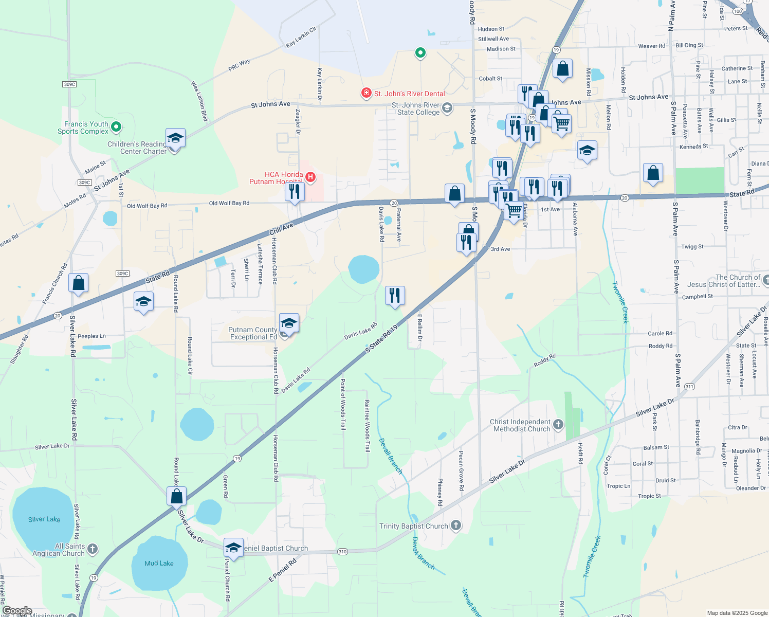 map of restaurants, bars, coffee shops, grocery stores, and more near 200 Davis Lake Road in Palatka