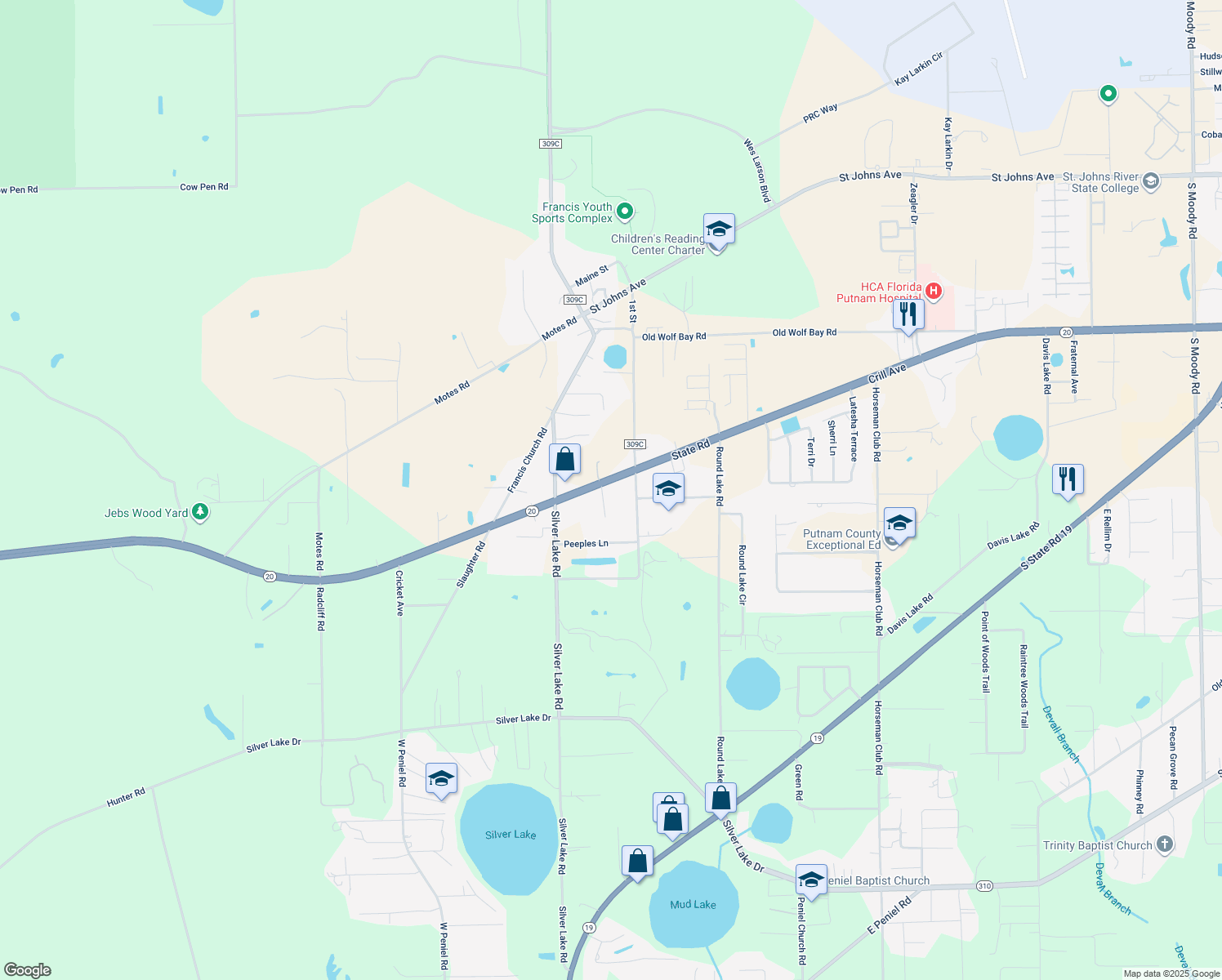 map of restaurants, bars, coffee shops, grocery stores, and more near 7419 Crill Avenue in Palatka