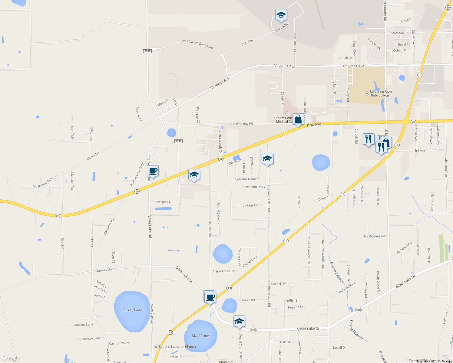 map of restaurants, bars, coffee shops, grocery stores, and more near 146 Latesha Terrace in Palatka