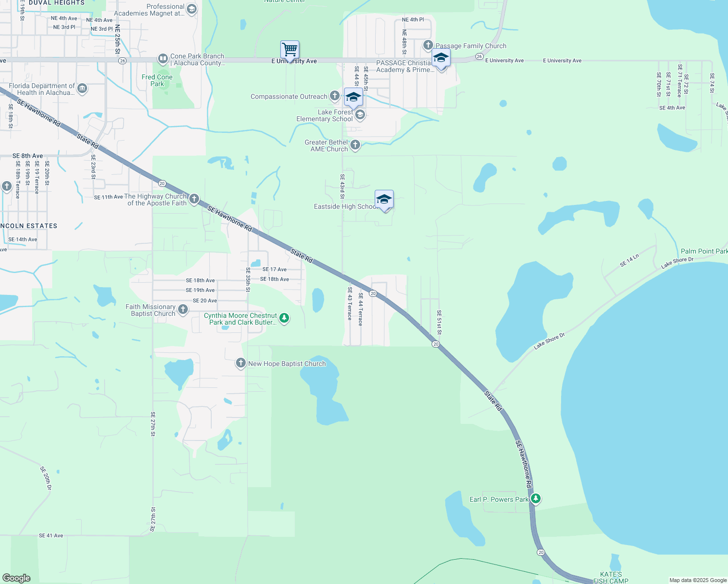 map of restaurants, bars, coffee shops, grocery stores, and more near 1909 Southeast 44 Terrace in Gainesville