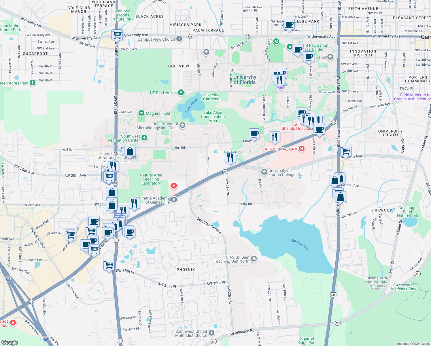 map of restaurants, bars, coffee shops, grocery stores, and more near 2360 Southwest Archer Road in Gainesville