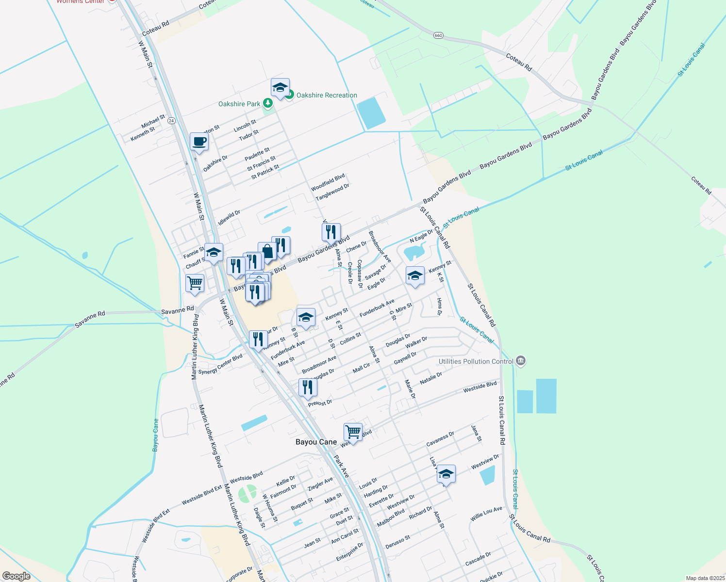 map of restaurants, bars, coffee shops, grocery stores, and more near 804 Eagle Dr in Houma