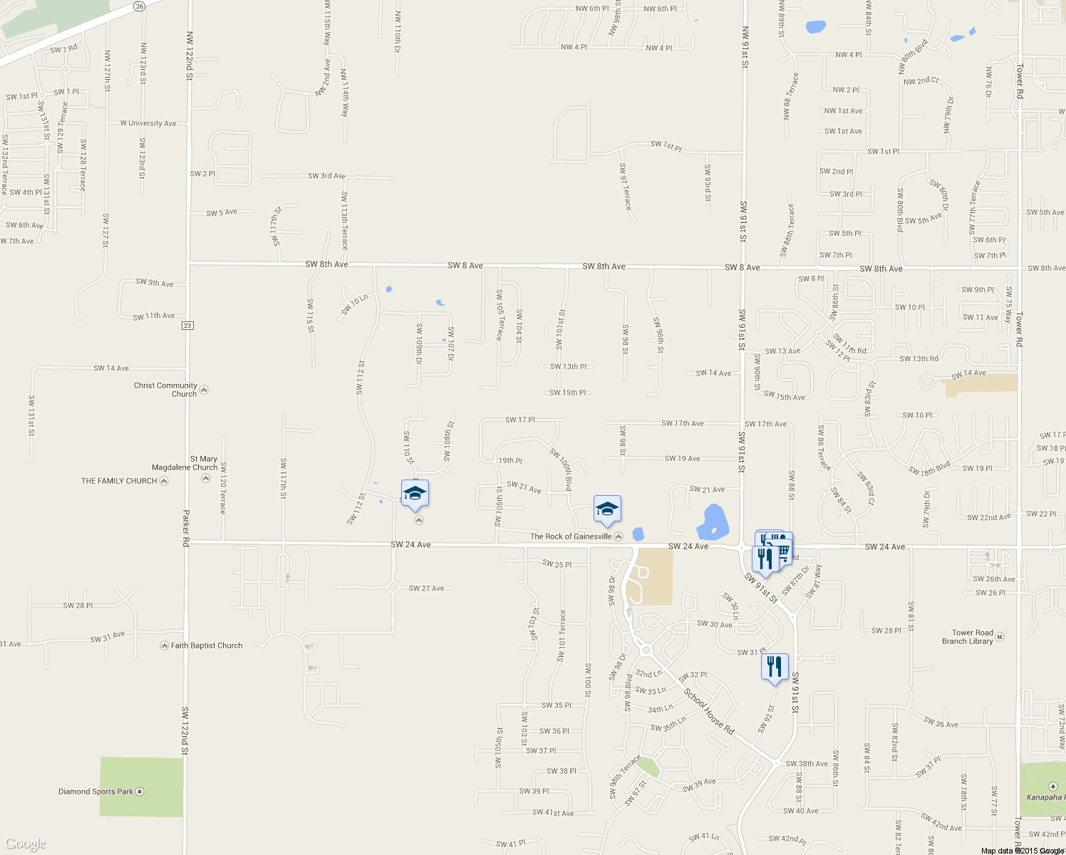 map of restaurants, bars, coffee shops, grocery stores, and more near 10317 Southwest 17th Place in Gainesville