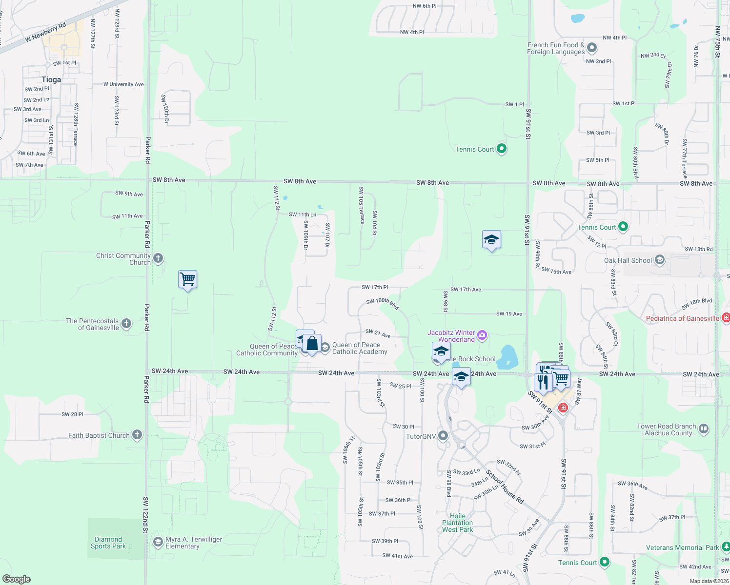 map of restaurants, bars, coffee shops, grocery stores, and more near 10423 Southwest 17 Place in Gainesville