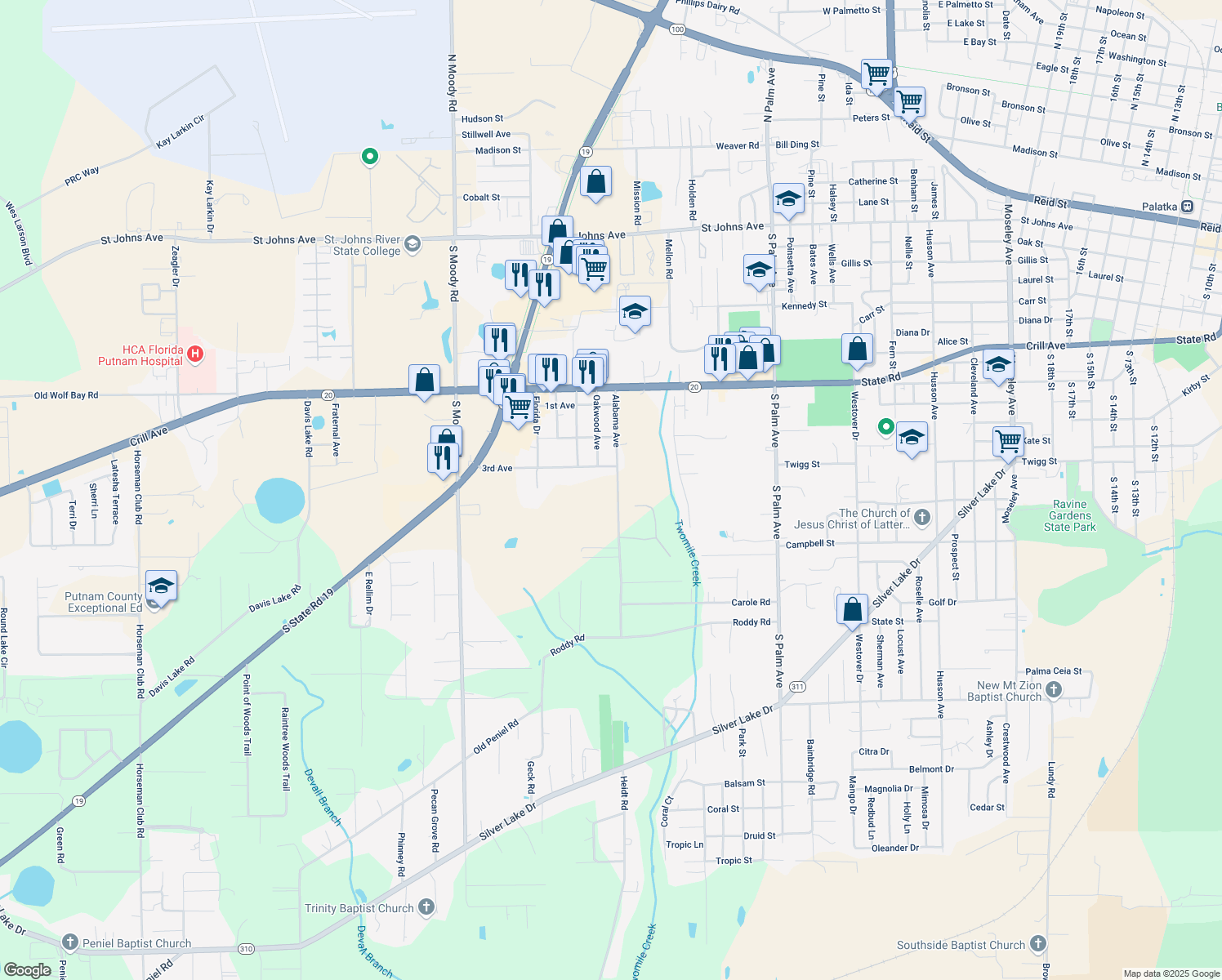 map of restaurants, bars, coffee shops, grocery stores, and more near 323 Alabama Avenue in Palatka