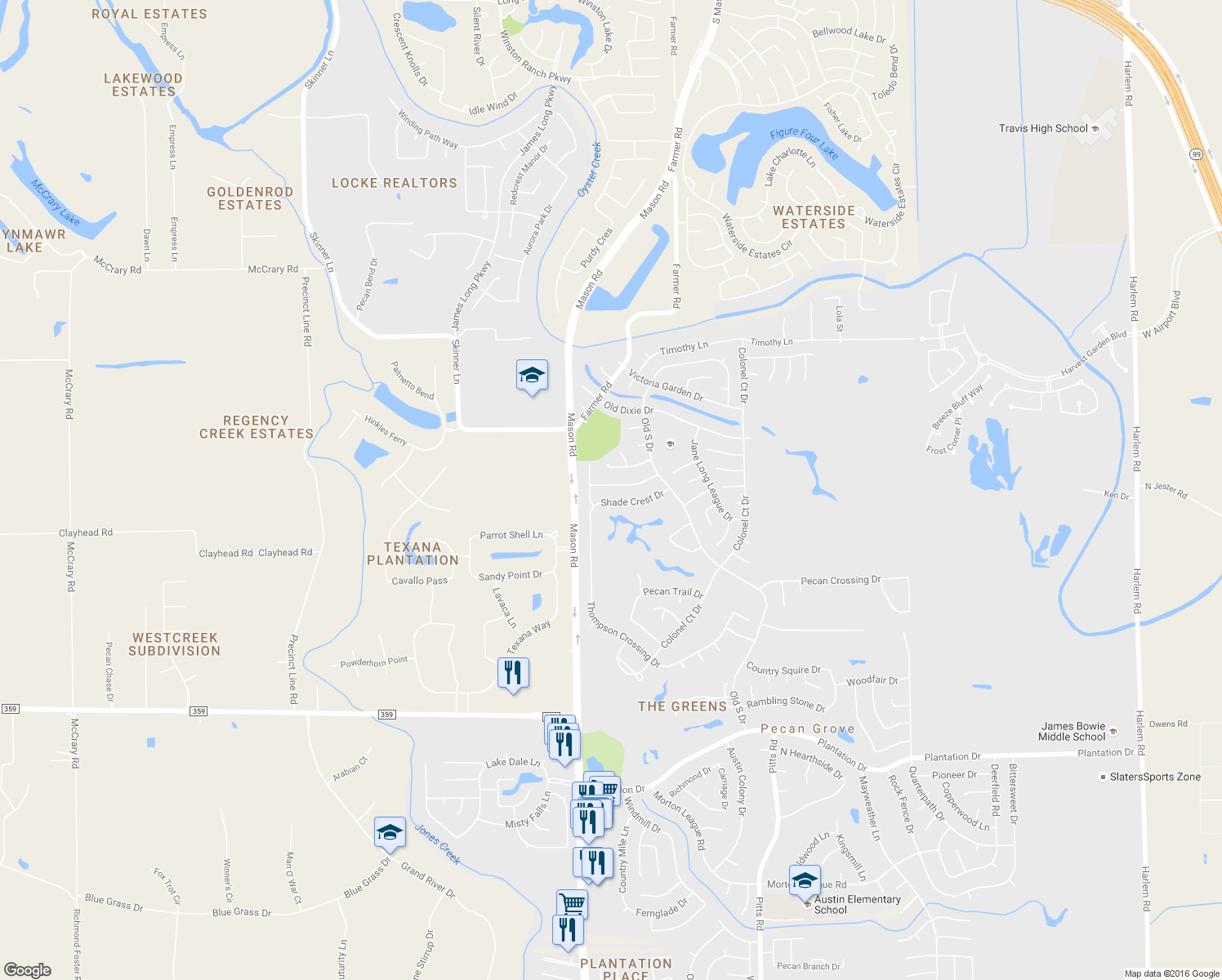 map of restaurants, bars, coffee shops, grocery stores, and more near 2219 Spanish Forest Lane in Richmond