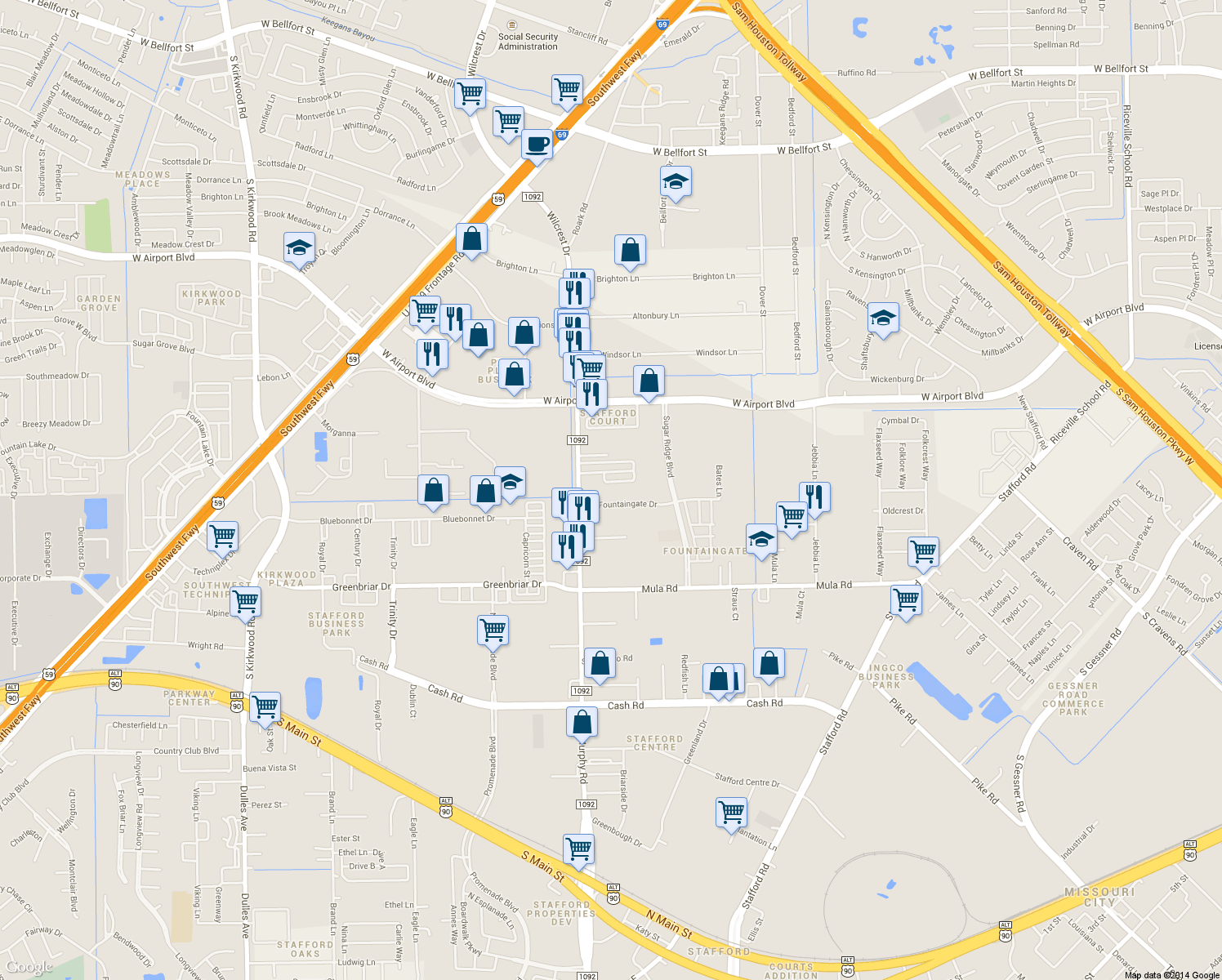 map of restaurants, bars, coffee shops, grocery stores, and more near 12725 Murphy Rd in Stafford