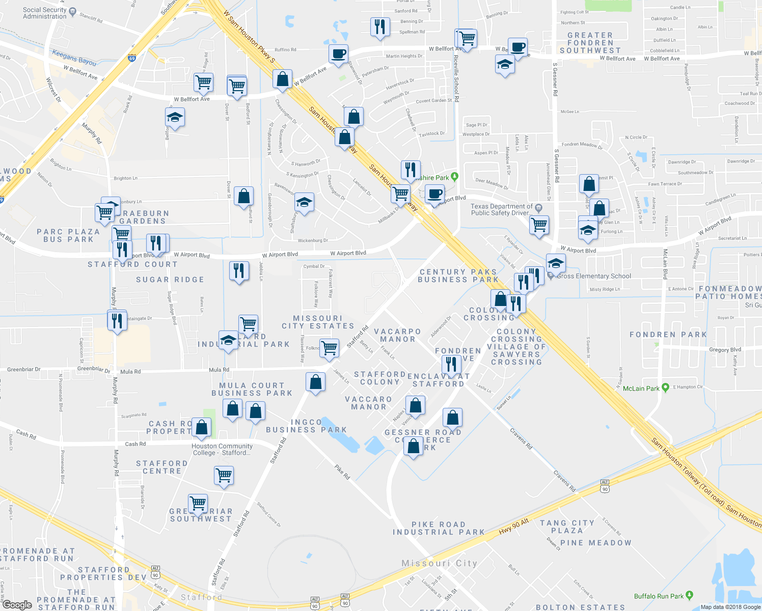 map of restaurants, bars, coffee shops, grocery stores, and more near 12700 Stafford Road in Stafford