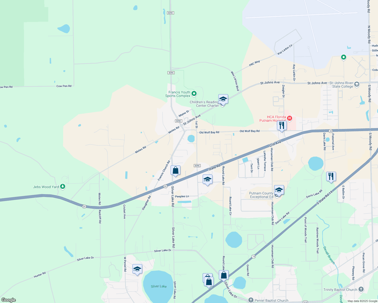 map of restaurants, bars, coffee shops, grocery stores, and more near 112 Oak Tree Lane in Palatka