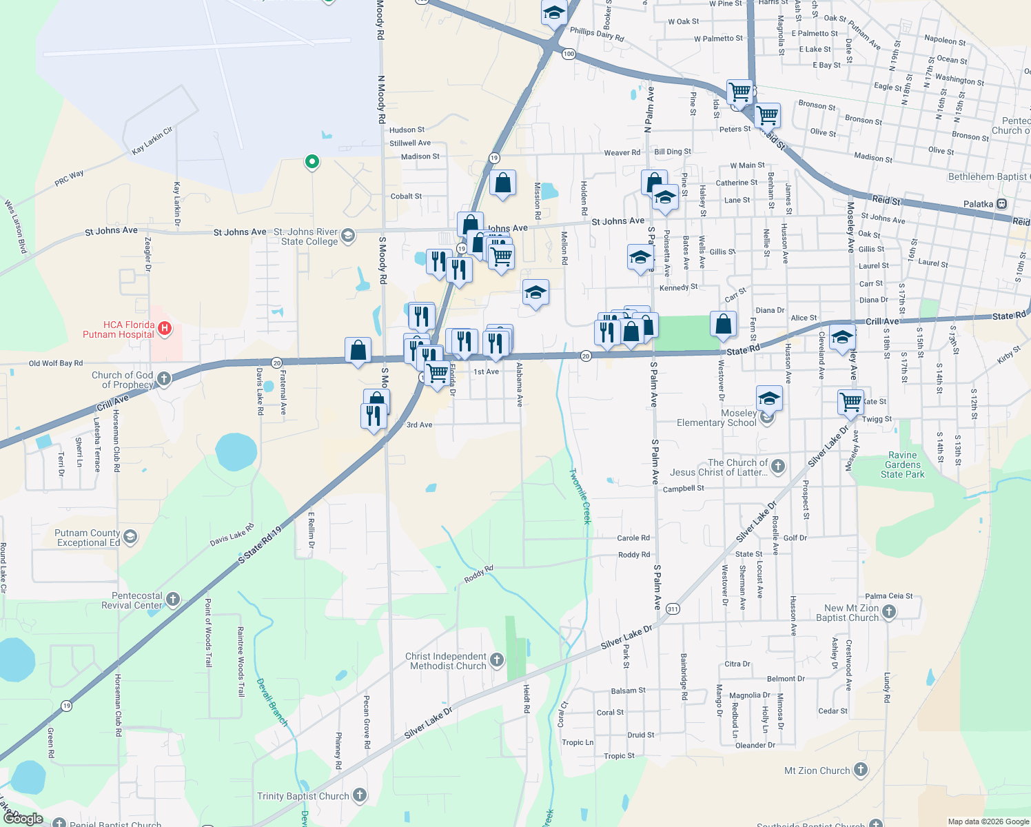 map of restaurants, bars, coffee shops, grocery stores, and more near 311 Alabama Avenue in Palatka