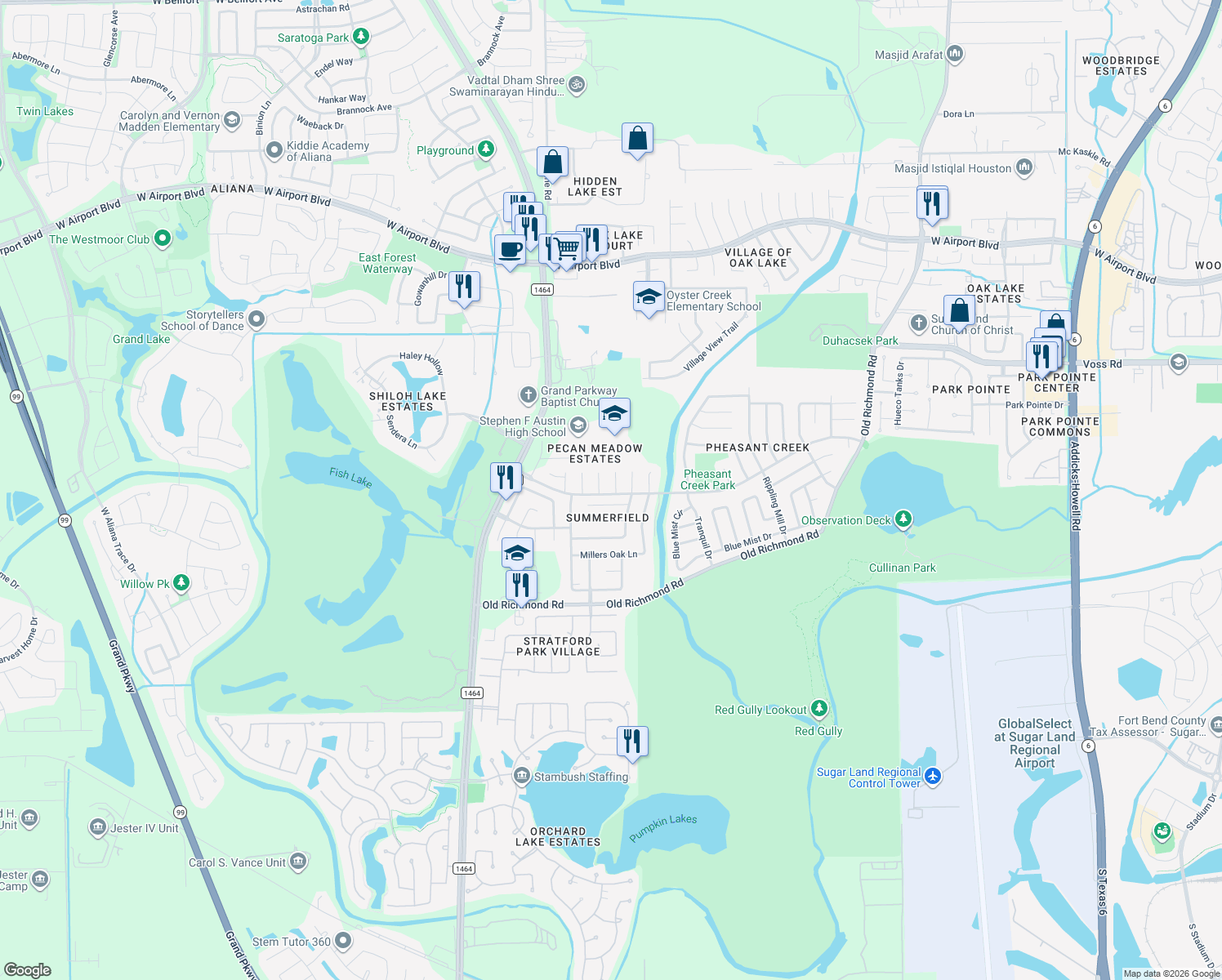 map of restaurants, bars, coffee shops, grocery stores, and more near 16830 Needle Ridge Court in Sugar Land