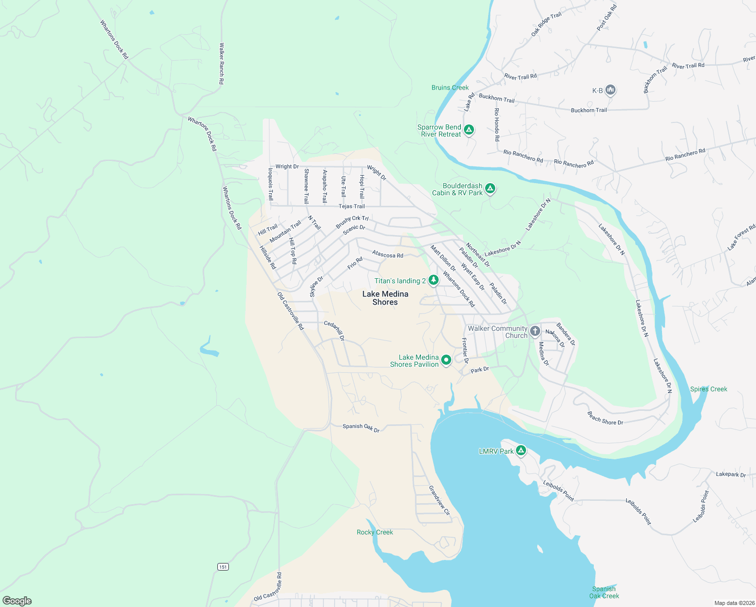 map of restaurants, bars, coffee shops, grocery stores, and more near in Lake Medina Shores