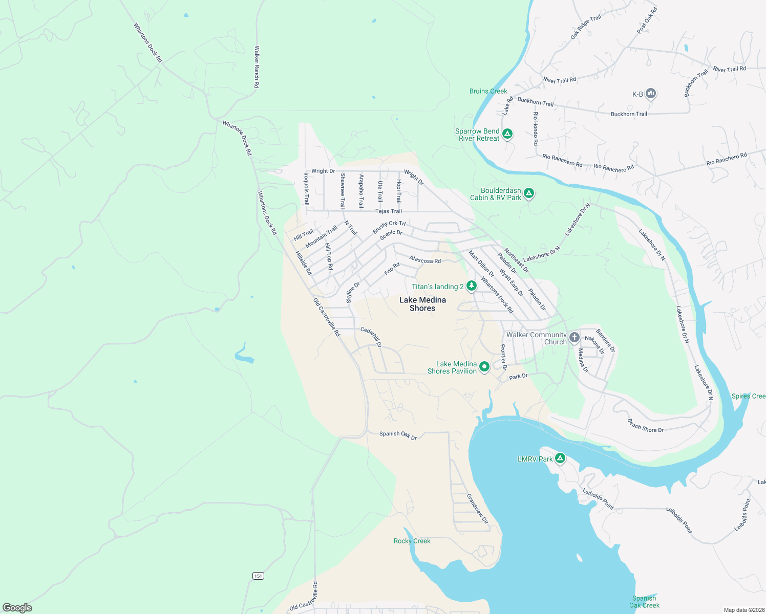 map of restaurants, bars, coffee shops, grocery stores, and more near 222 Pecos Road in Bandera