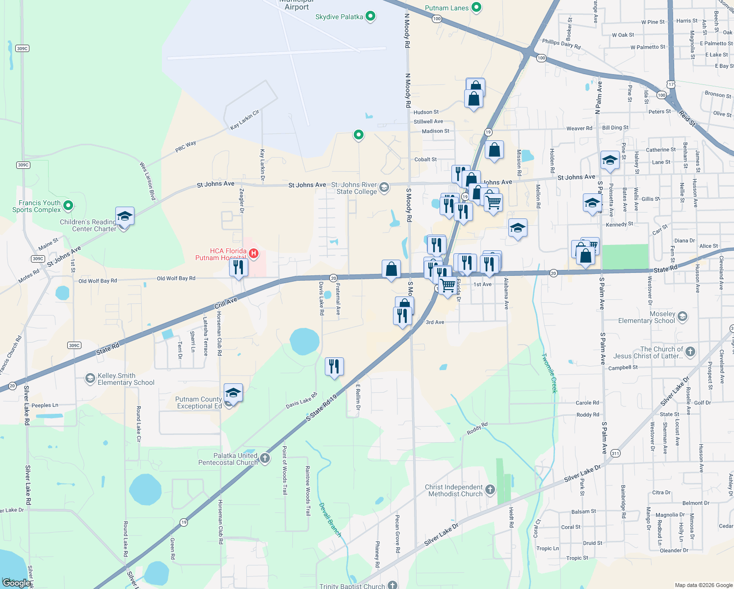 map of restaurants, bars, coffee shops, grocery stores, and more near 110 Corbett Road in Palatka