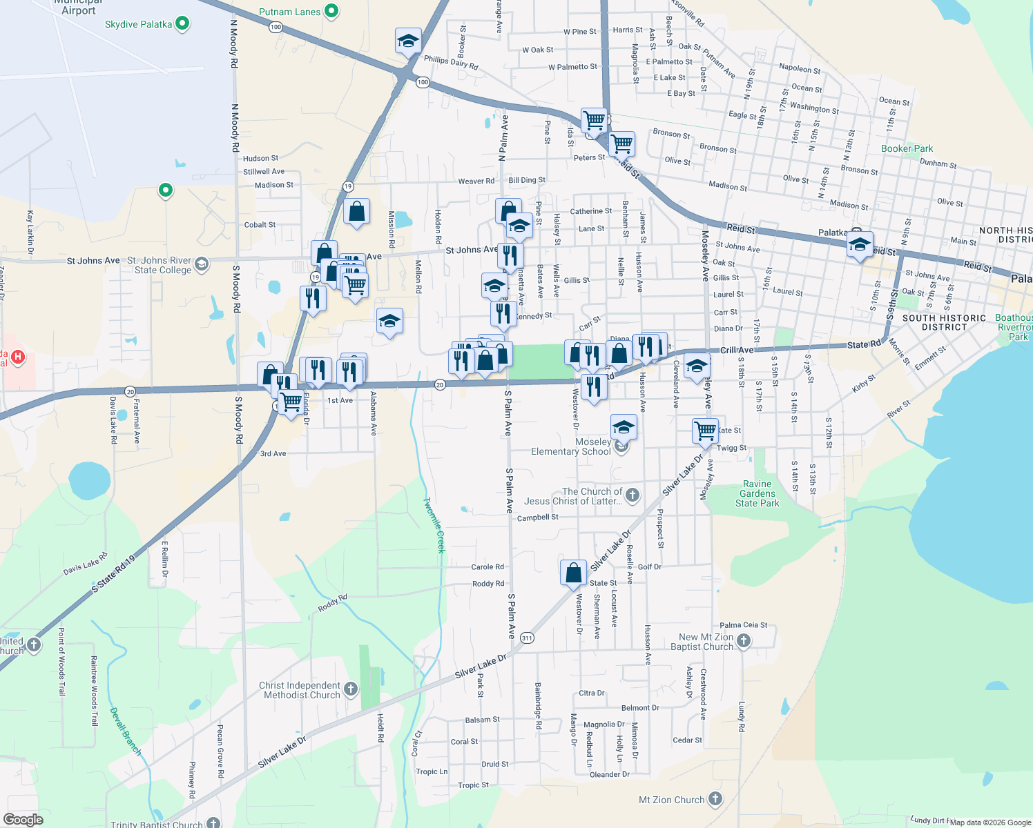 map of restaurants, bars, coffee shops, grocery stores, and more near 1121 South Palm Avenue in Palatka