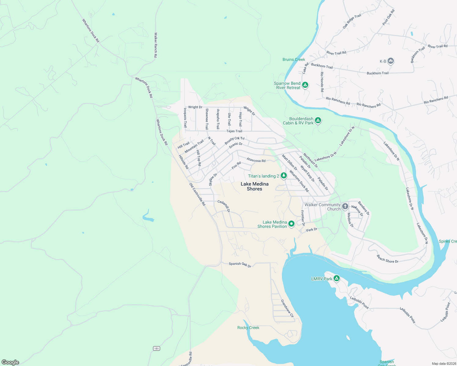 map of restaurants, bars, coffee shops, grocery stores, and more near 222 Pecos Road in Bandera