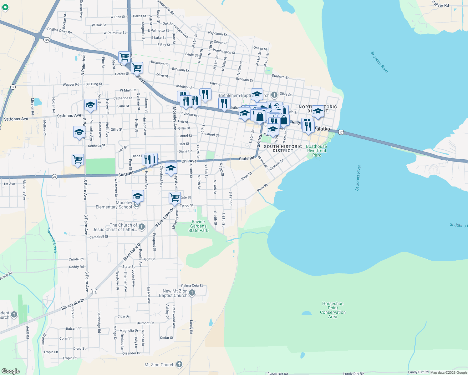 map of restaurants, bars, coffee shops, grocery stores, and more near 905 South 12th Street in Palatka