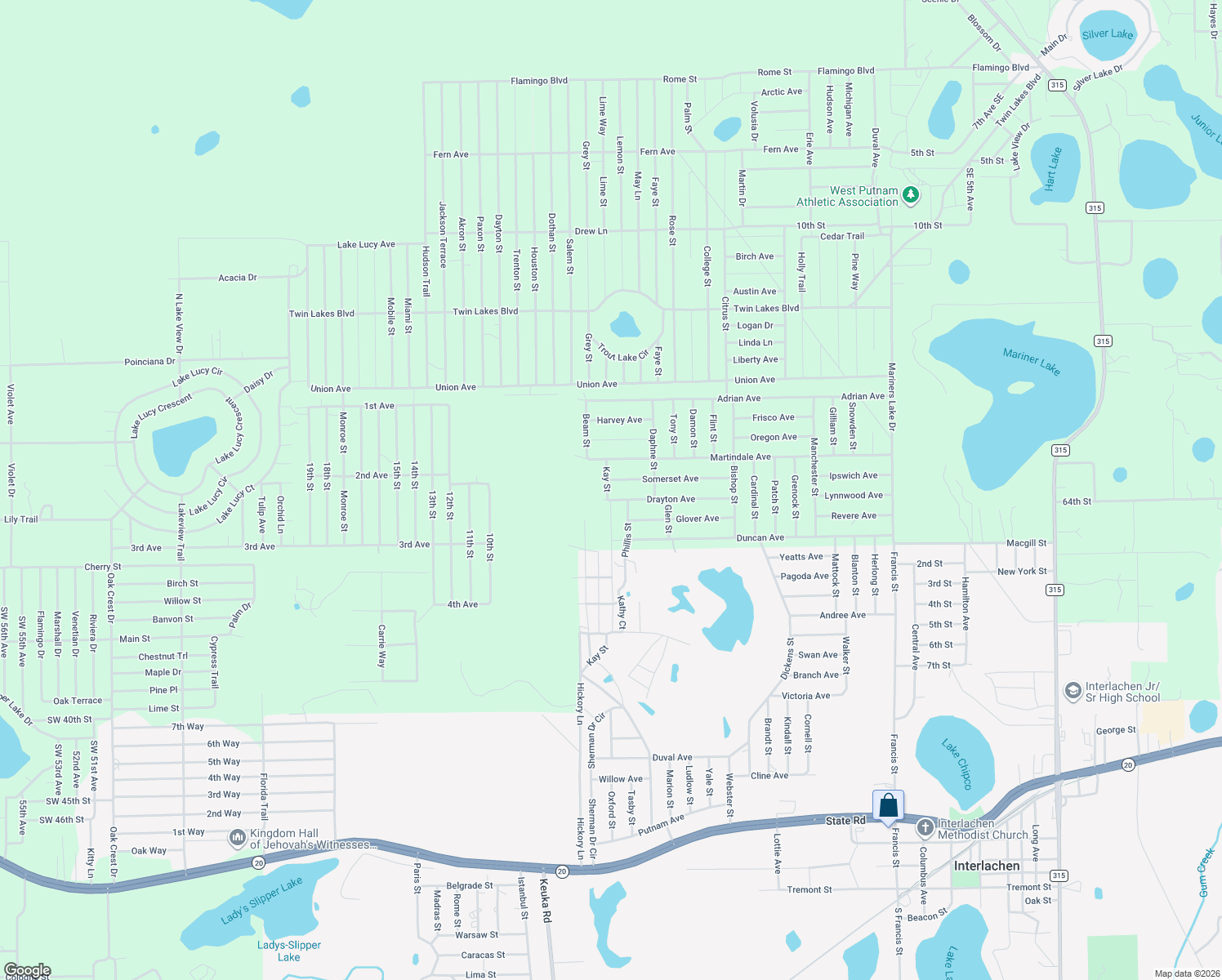 map of restaurants, bars, coffee shops, grocery stores, and more near 406 Kay Street in Interlachen