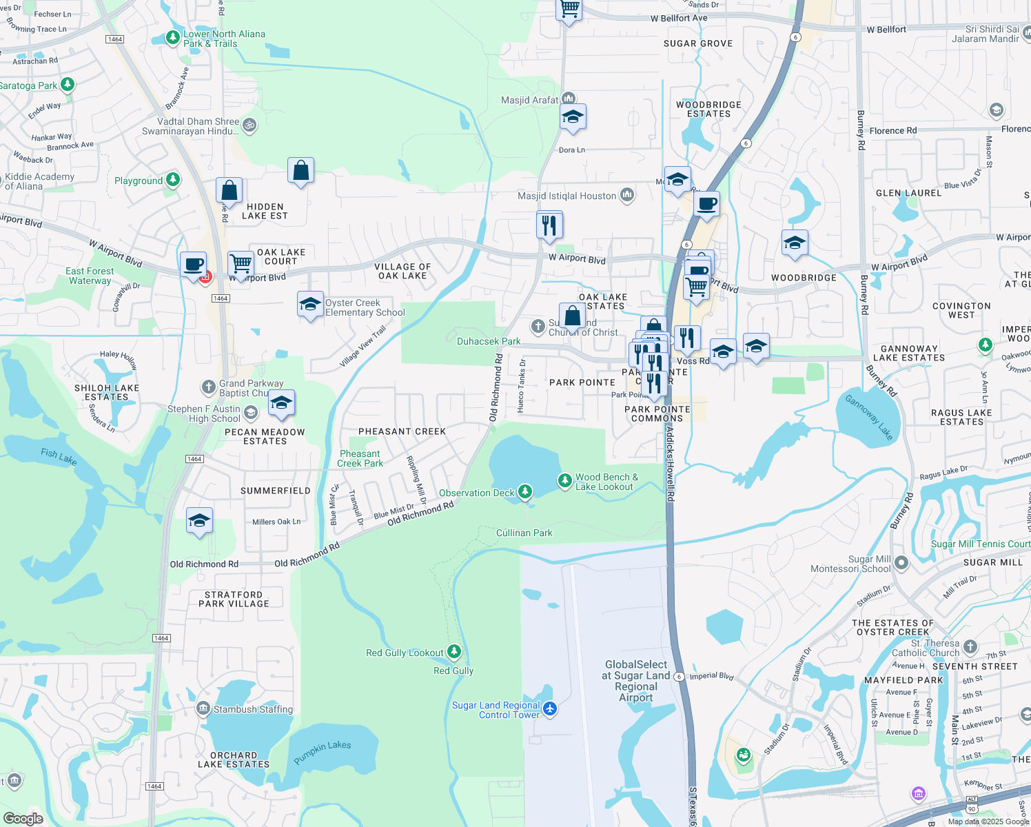 map of restaurants, bars, coffee shops, grocery stores, and more near 11930 Hueco Tanks Drive in Sugar Land