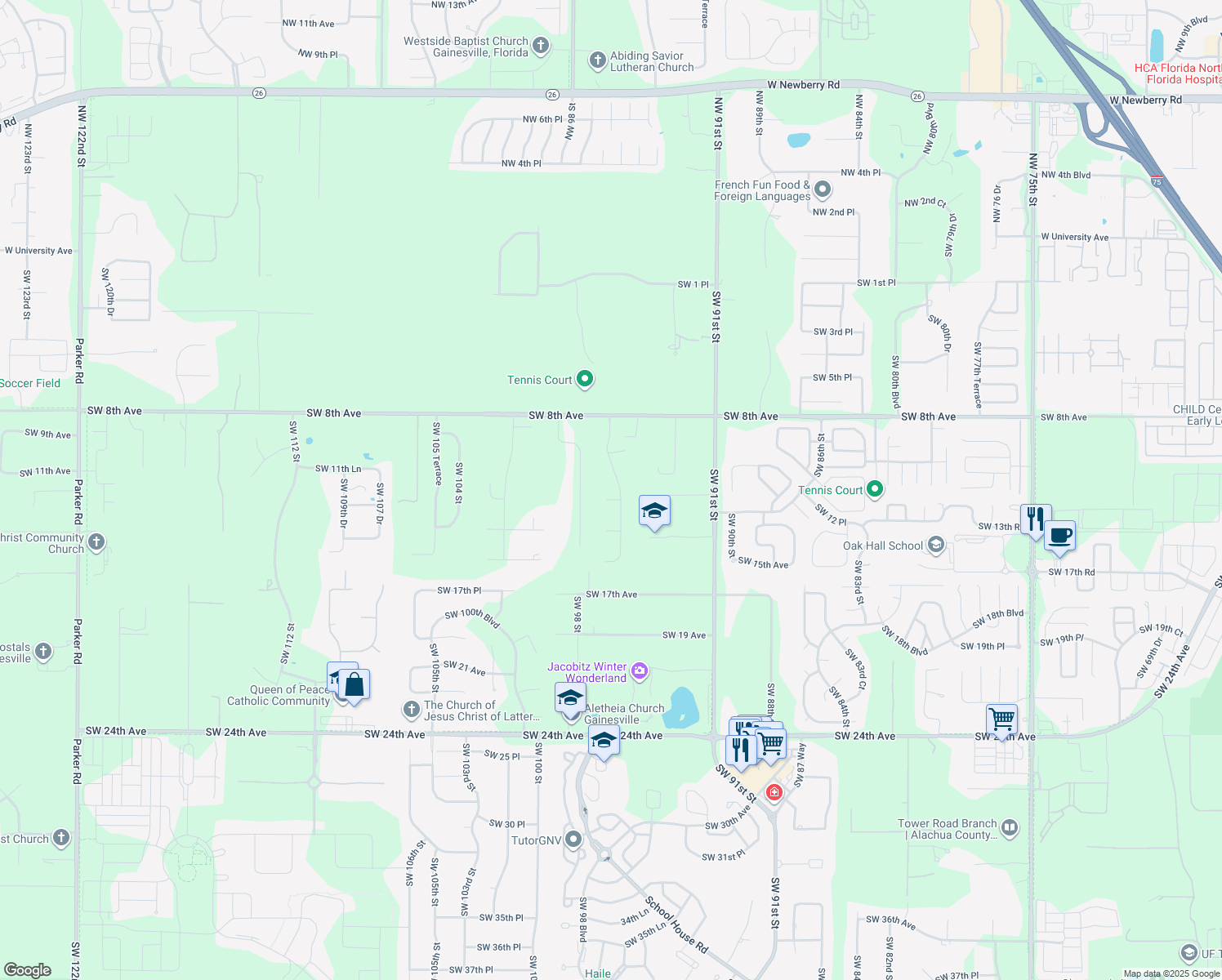 map of restaurants, bars, coffee shops, grocery stores, and more near 1122 Southwest 96th Street in Gainesville