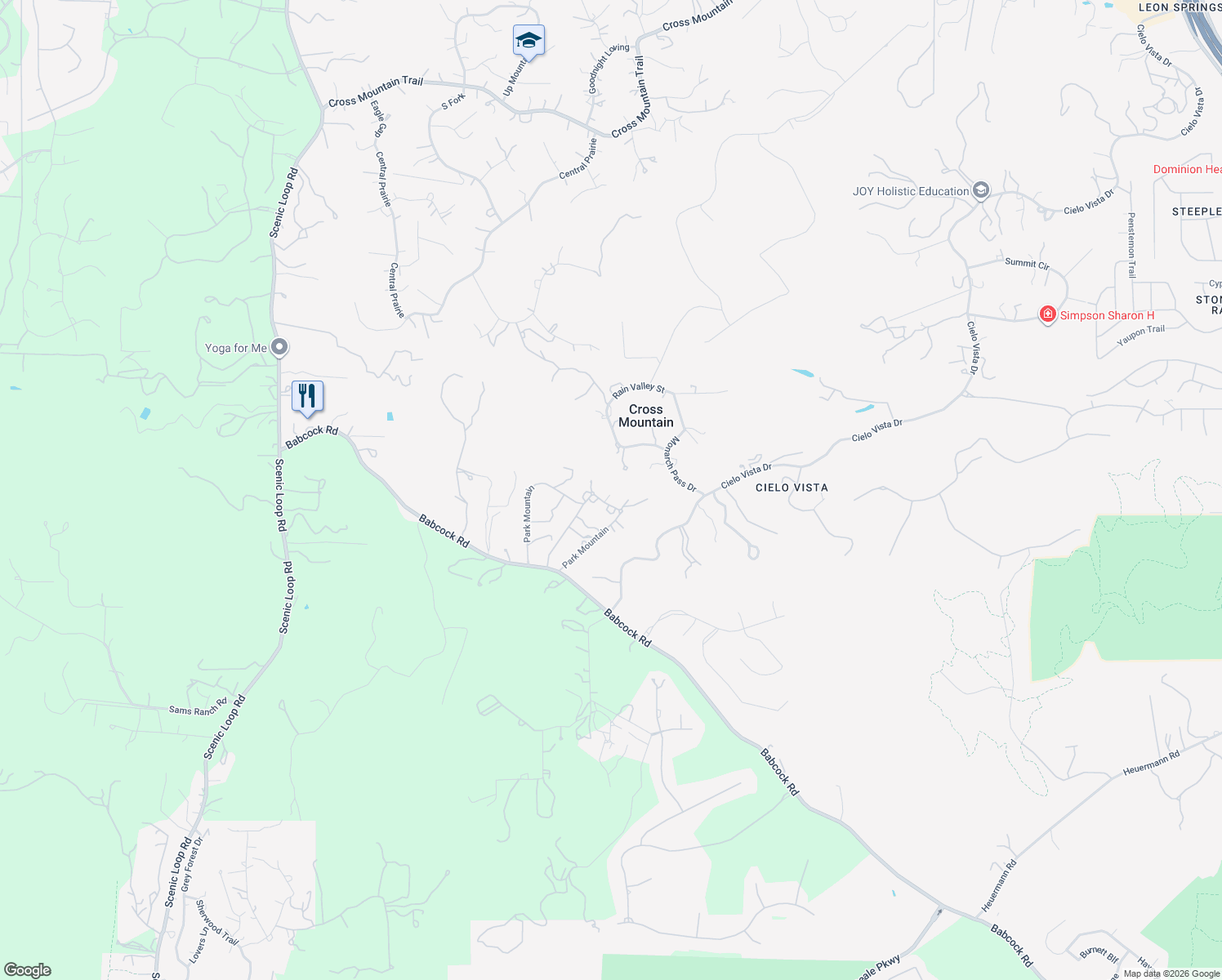 map of restaurants, bars, coffee shops, grocery stores, and more near 18 Park Mountain in San Antonio