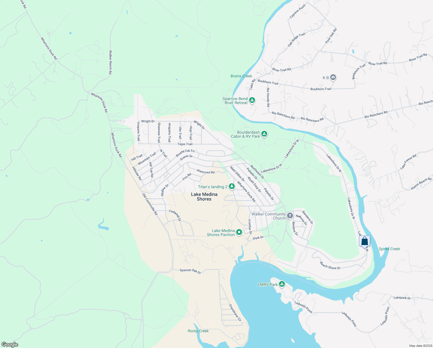 map of restaurants, bars, coffee shops, grocery stores, and more near 7280 Whartons Dock Road in Bandera