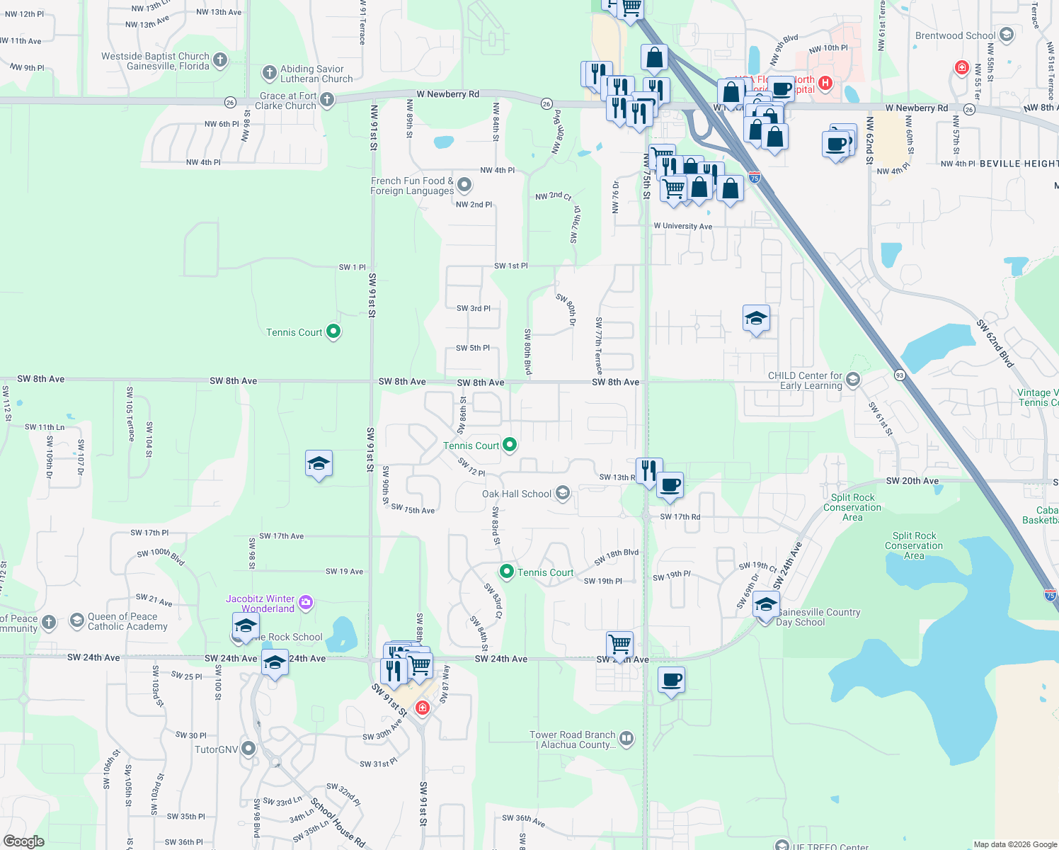 map of restaurants, bars, coffee shops, grocery stores, and more near 1016 Southwest 81st Drive in Gainesville