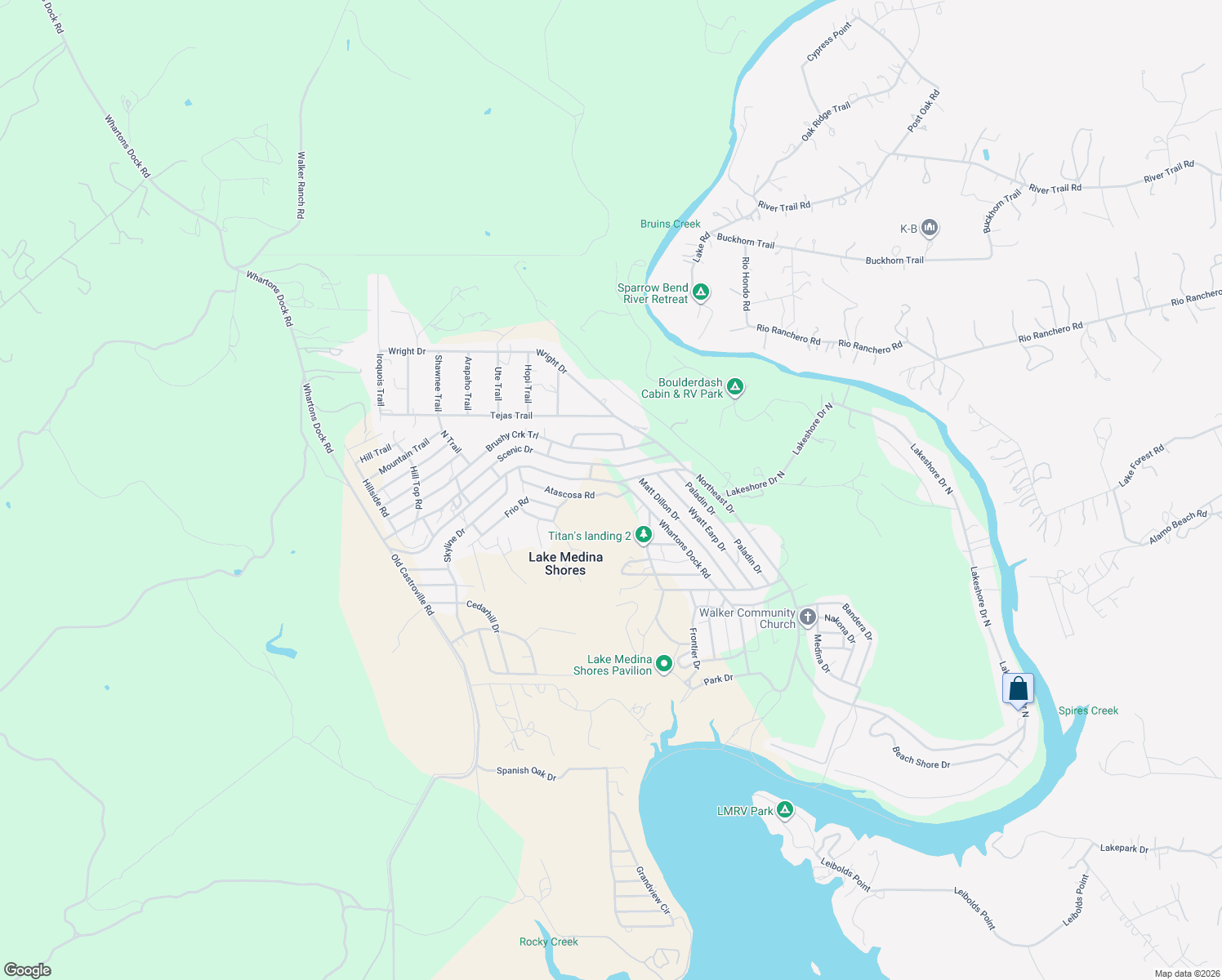 map of restaurants, bars, coffee shops, grocery stores, and more near 7280 Whartons Dock Road in Bandera
