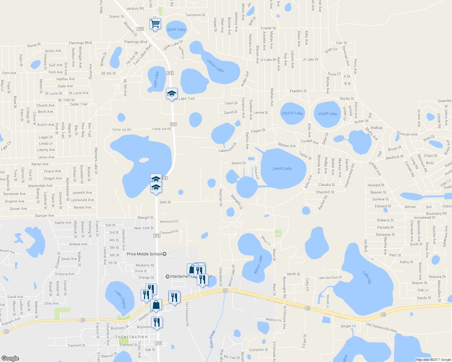 map of restaurants, bars, coffee shops, grocery stores, and more near 100 Mangels Drive in Interlachen