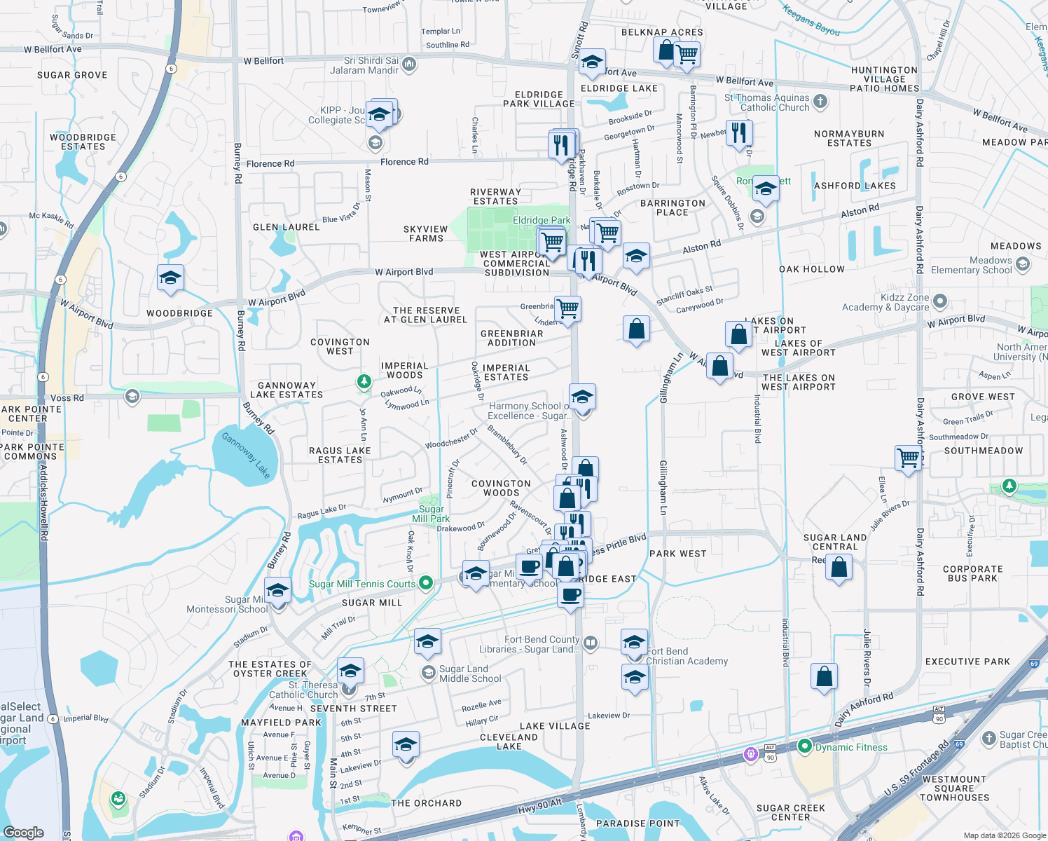 map of restaurants, bars, coffee shops, grocery stores, and more near 13530 Wimbledon Drive in Sugar Land