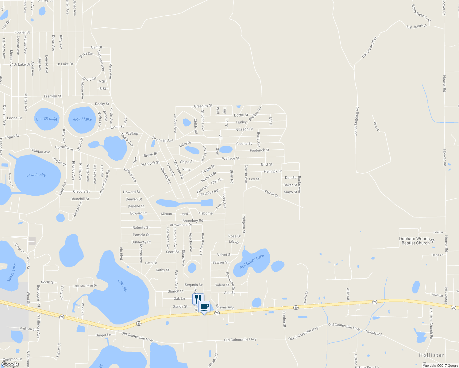map of restaurants, bars, coffee shops, grocery stores, and more near 121 Brian Road in Interlachen